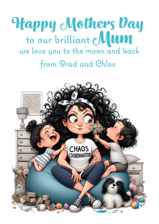 A Mother's Day Card with an Illustration of a woman and to children and a dog. With Happy Mother's day Text. Can be Personalised with child/childrens names. and for Mum, Mummy, Step Mum or Step mummy
