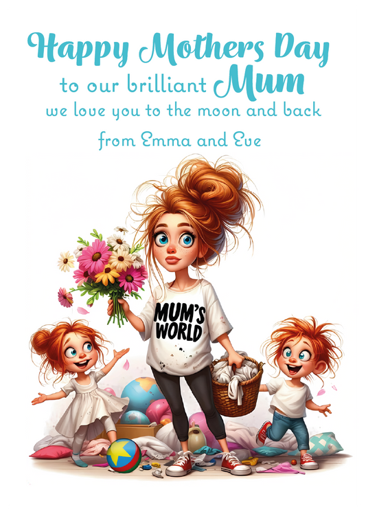Cartoon illustration of a mother and her children with flowers and toys, celebrating Mother's Day. Can be Personalised with Child/Children's names. and for Mum, Mummy, Step Mum or Step mummy