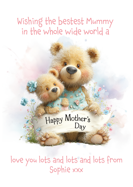 A Mother's Day Card with a cute illustration of two bears sat amongst flowers with a sign that says'Happy Mother's Day' Can Be personalised with child/childrens names and for Mum, Mummy, Step Mum, Step Mummy, Grandma or Nanna