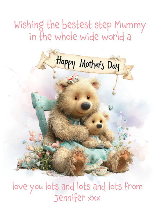 A Mother's Day Card with a cute illustration of two bears sat on a chair amongst flowers with a sign that says'Happy Mother's Day' Can Be personalised with child/childrens names and for Mum, Mummy, Step Mum, Step Mummy, Grandma or Nanna