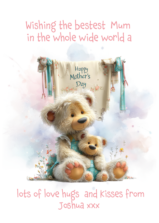 A Mother's Day Card with a cute illustration of two bears sat amongst flowers with a sign that says'Happy Mother's Day' Can Be personalised with child/childrens names and for Mum, Mummy, Step Mum, Step Mummy, Grandma or Nanna