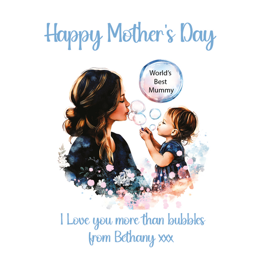 Mother and child with bubbles, 'Happy Mother's Day' text, and floral elements on a white background. Can be personalised with child/children's names and for any maternal relationship