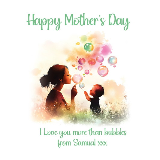 Mother and child blowing bubbles with 'Happy Mother's Day' text on a white background, Can be personalised with child/children's names and for any maternal relationship
