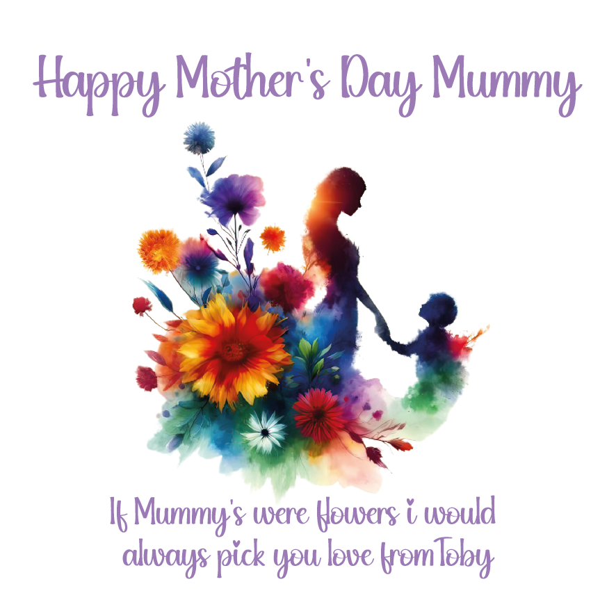 Colorful Mother's Day card with silhouette of a mother and child holding hands, surrounded by flowers. Can be personalised with child/children's names and for any maternal relationship