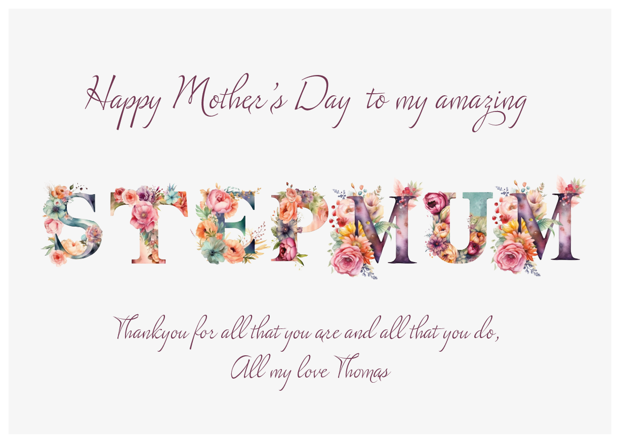 Mother's Day card for stepmom with floral letters and personalized message.