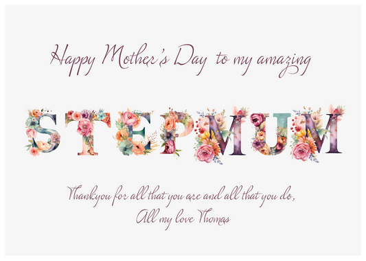 Mother's Day card for stepmom with floral letters and personalized message.