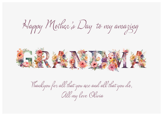 Mother's Day card for Grandma with floral text on a white background with a mother's day meassage from 'name' which can be personalised