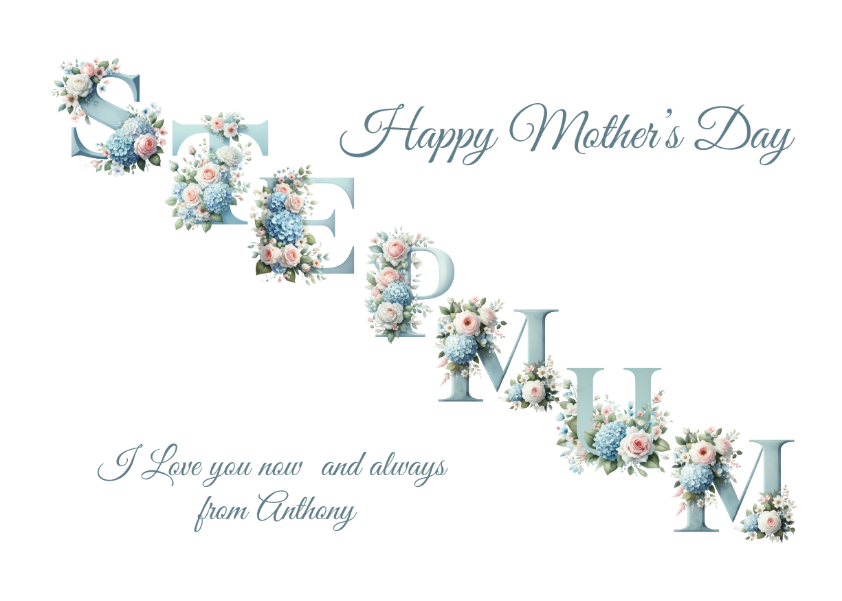 Decorative 'Happy Mother's Day' card with floral letters spelling 'MUM' on a white background with a mother's day meassage from 'name' which can be personalised