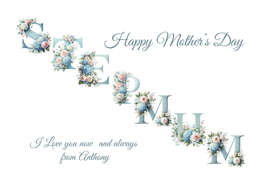 Decorative 'Happy Mother's Day' card with floral letters spelling 'MUM' on a white background with a mother's day meassage from 'name' which can be personalised