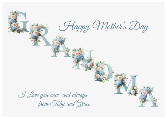 Mother's Day card for Grandma with floral letters and personalized message.