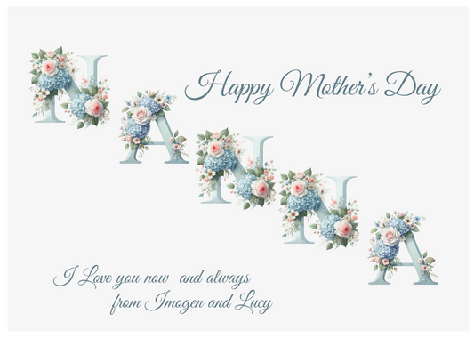 Mother's Day card with floral letters spelling 'NANNA' and decorative text on a light blue background with a mother's day meassage from 'name' which can be personalised