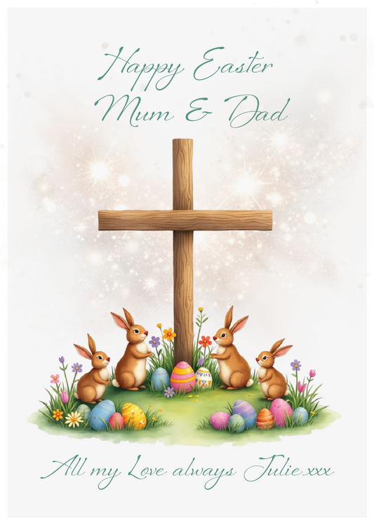Easter Card with an illustration of a wooden cross surrounded by bunnies and ester eggs and a personalised easter message. Can be personalised for Name and Relation