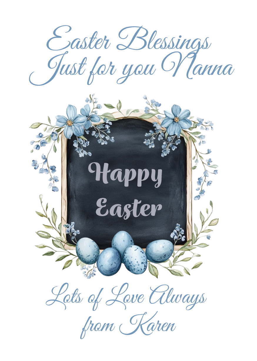 Easter card with chalkboard, eggs, and floral wreath on a white background Can be personalised for name and relation