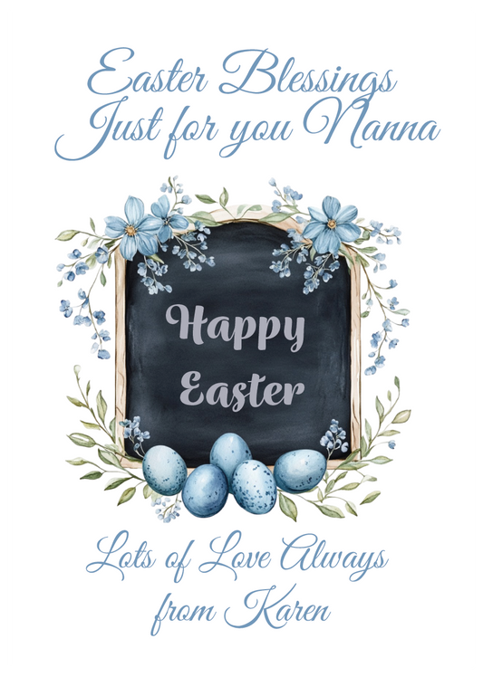 Easter card with chalkboard, eggs, and floral wreath on a white background Can be personalised for name and relation