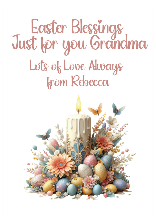 Easter-themed card with flowers, eggs, and a candle, featuring personalised text. Can be personalised for name and relation