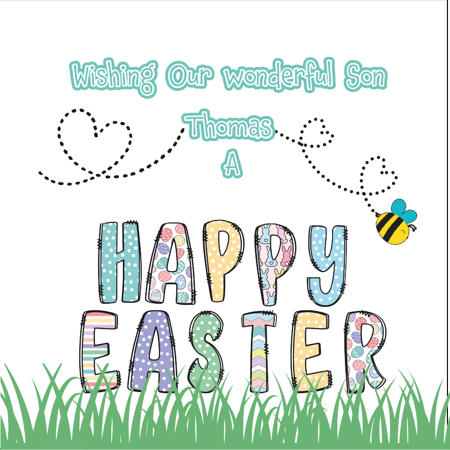 Easter Card with the words Happy Easter made from bright coloured easter themed letters. with a personalised easter message. Can be Personalised for name and Relation