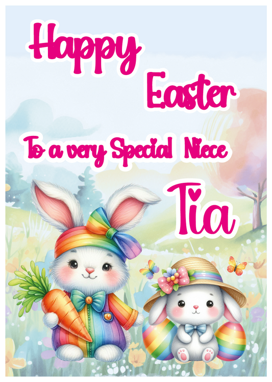 Happy Easter card with two colorful bunnies holding carrots and flowers, with text 'Happy Easter To a very Special Niece Tia'. Can be personalised with name and relation