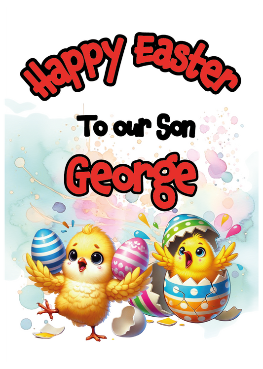 Easter Card with an illustration of two chicks and easter eggs with broken shell. Can be personalised with name and relation