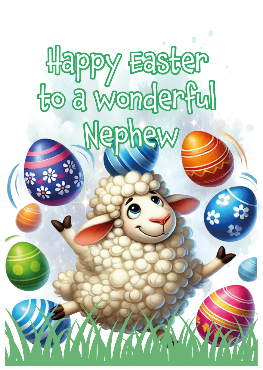 Easter Card with an illustration of a lamb juggling easter eggs with a personalised easter message. Can be personalised for name and relation