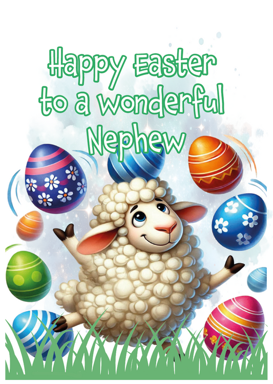 Easter Card with an illustration of a lamb juggling easter eggs with a personalised easter message. Can be personalised for name and relation