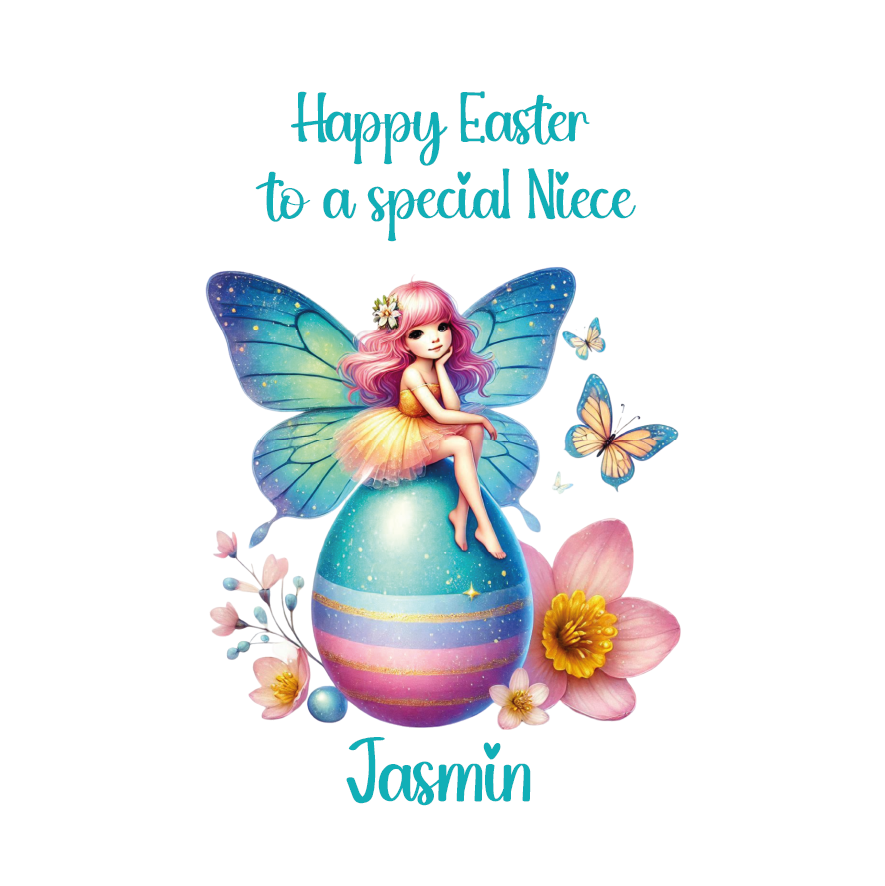 Easter Card with an illustration of a colourful fairy sat on an easter egg surrounded by flowers. With a message that can be personalised for name and relation