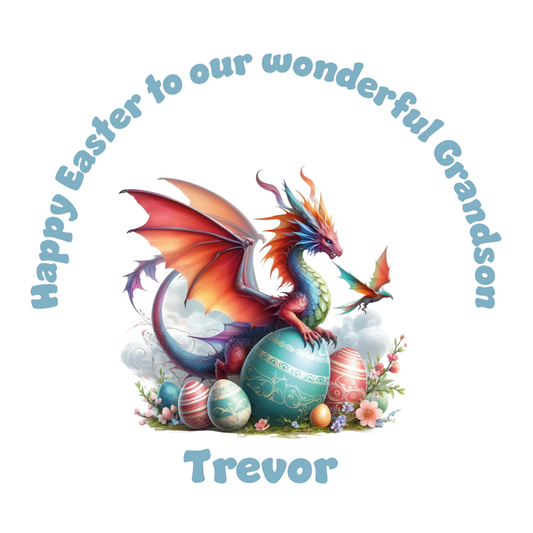 Easter card with an illustration of a dragon surrounded by easter eggs with a personalised easter message. Can be personalised for name and relation