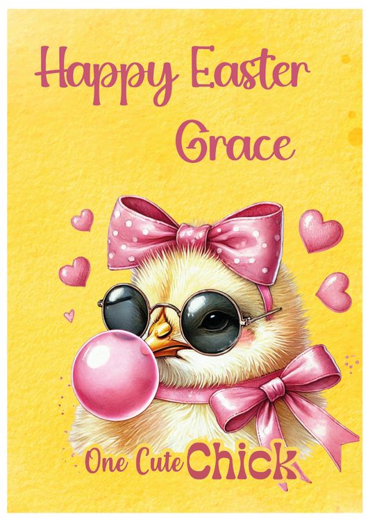 Easter card with a chick wearing sunglasses and a pink bow, on a yellow background.