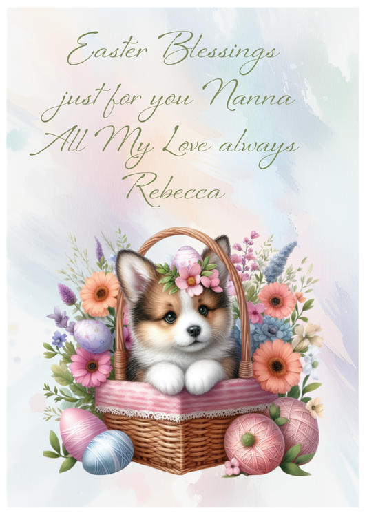 Easter card with a puppy in a basket surrounded by flowers and eggs, featuring personalized text. Can be personalised for name and relation.