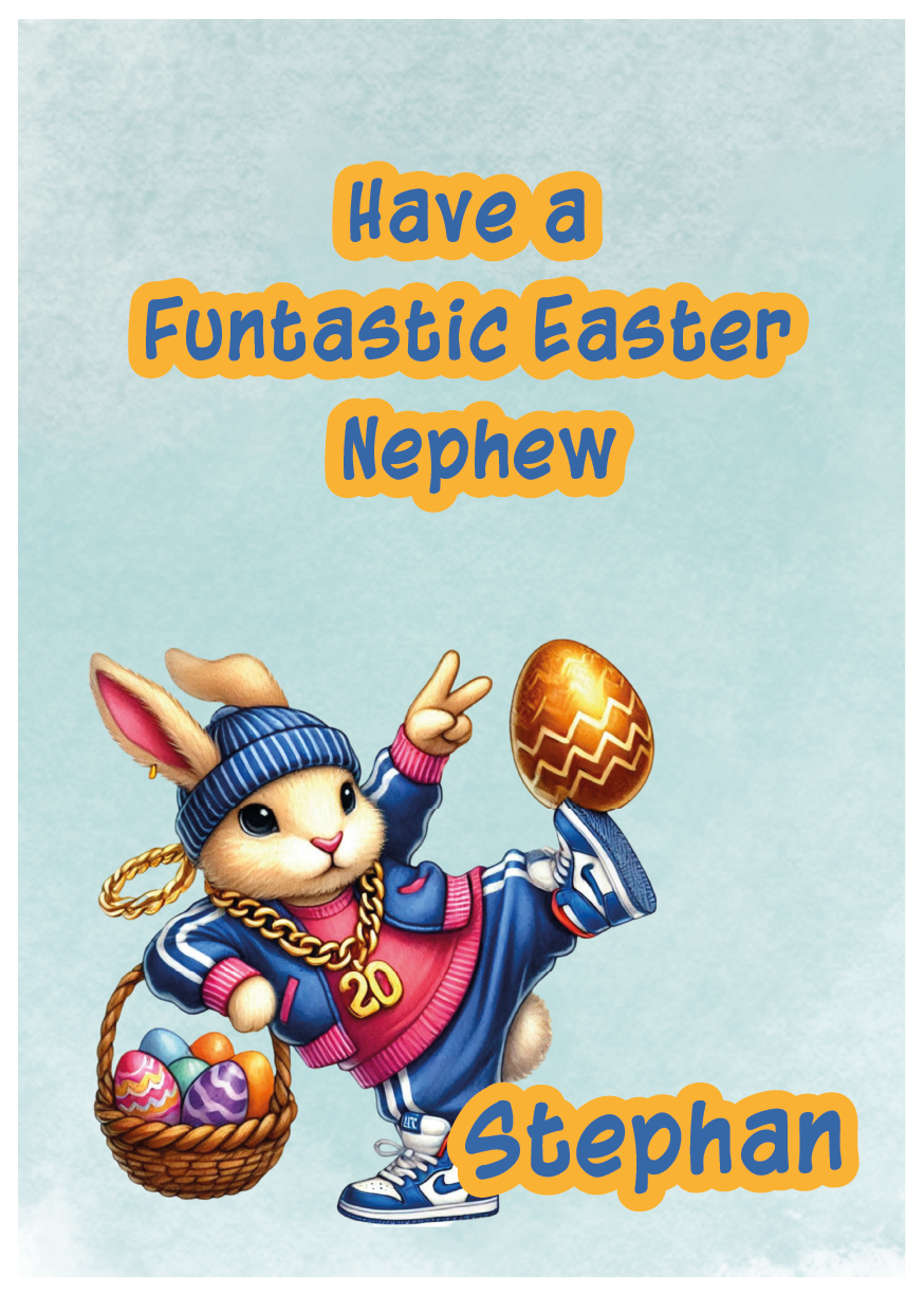 Easter card with a cartoon bunny holding an egg and basket, text 'Have a Funtastic Easter Nephew Stephan' on a light blue background. Can be personalised for name and relation.