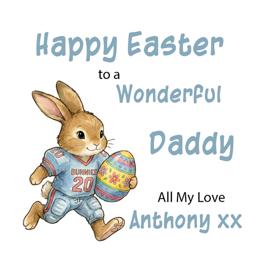 Happy Easter card with a rabbit holding an egg that is shaped like an American football, addressed to a wonderful daddy. Can be personalised with name, relation andante of sender.