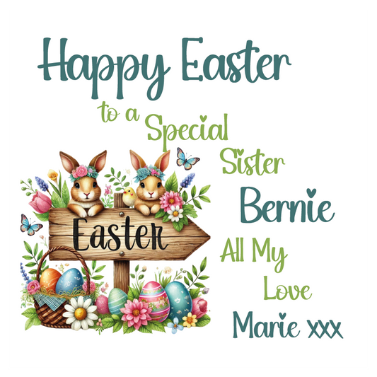 Happy Easter card with bunnies, flowers, and personalized text on a white background. Can be personalised with name, relation and name of sender.
