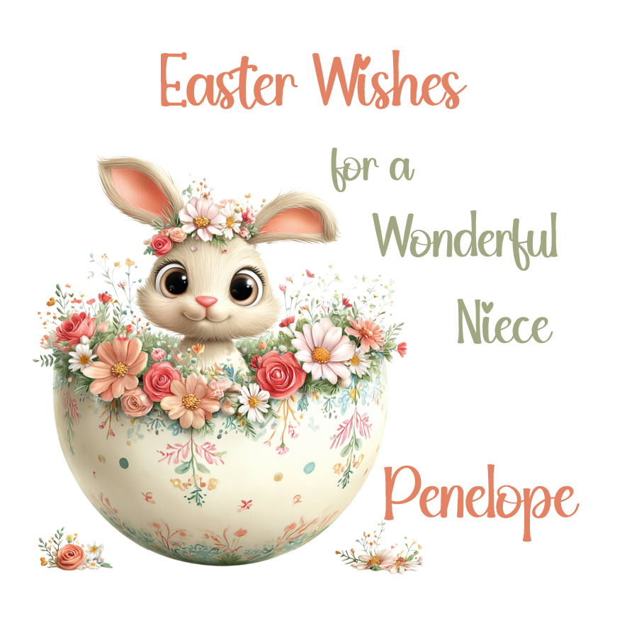 Easter-themed card with a bunny surrounded by flowers and personalized text on a white background. Can be personalised with name and relation.