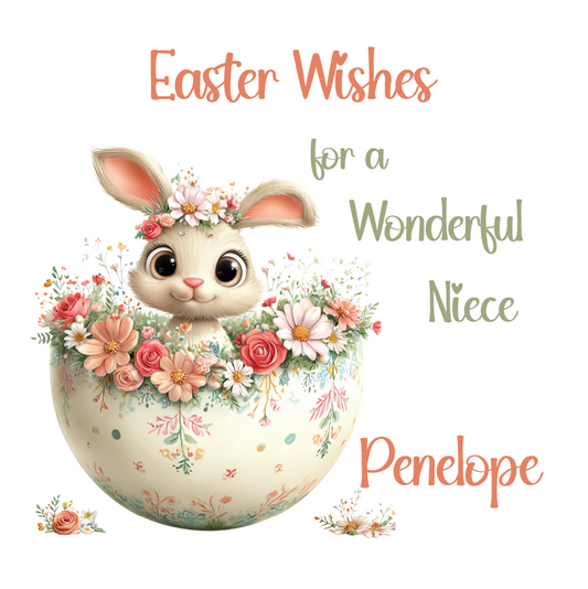 Easter-themed card with a bunny surrounded by flowers and personalized text on a white background. Can be personalised with name and relation.