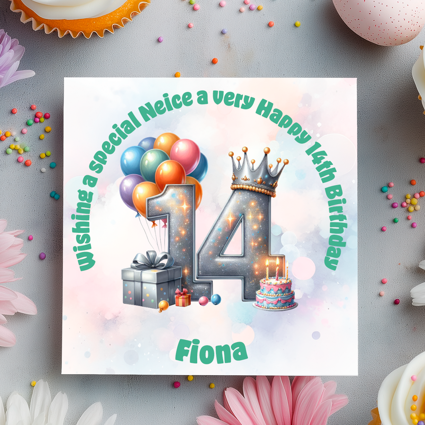 Birthday card with number 14, balloons, crown, gift, and cake on a decorative background.
