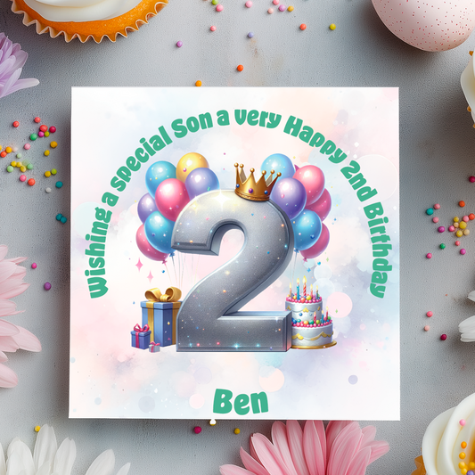 Birthday card with balloons, number 2, and cake on a decorative background