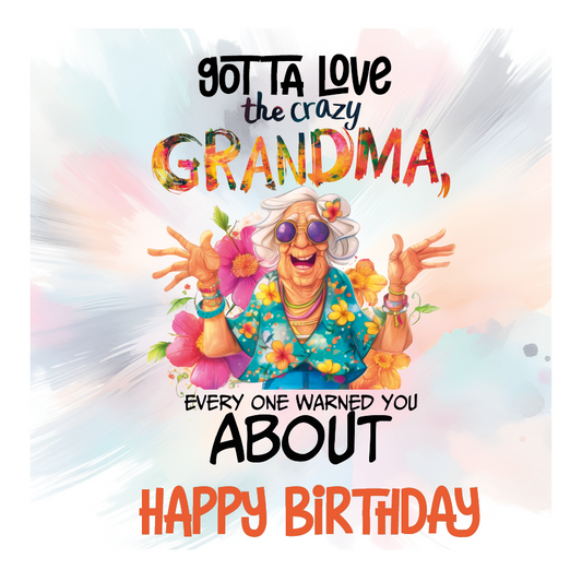 Birthday card with a colorful illustration of an elderly woman and text about a 'crazy grandma'.