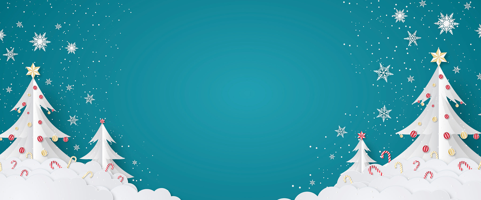 Decorative Christmas scene with trees and snowflakes on a teal background