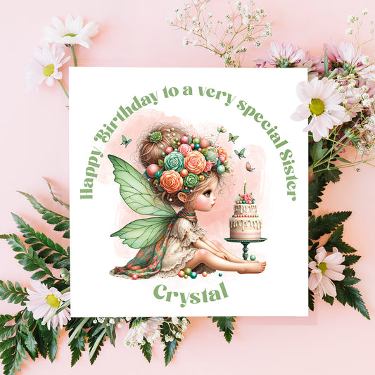 Greeting card with a fairy illustration and floral decorations on a pink background
