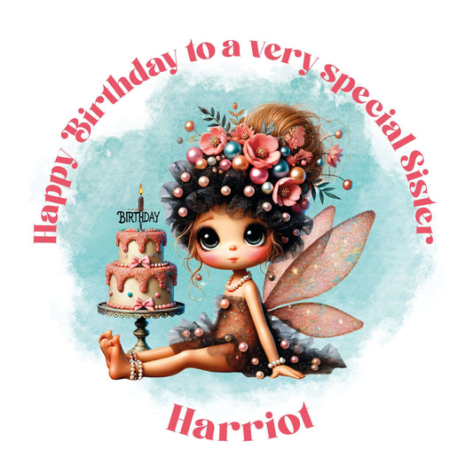 Fairy character with birthday cake and floral headpiece on a light green background