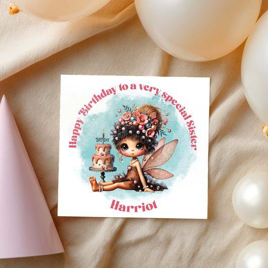 Greeting card with fairy illustration and birthday message on a beige background with balloons.