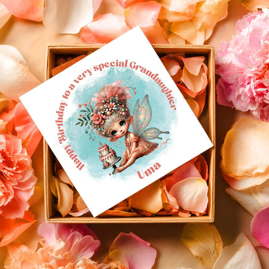 Greeting card with fairy illustration in a box surrounded by flowers