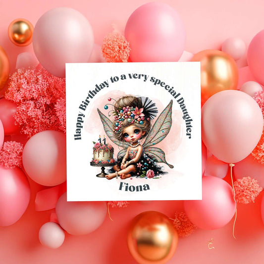 Birthday card with fairy illustration surrounded by balloons and flowers on a pink background
