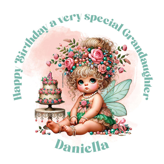 Illustration of a fairy-like character with flowers and a cake, celebrating a special birthday.