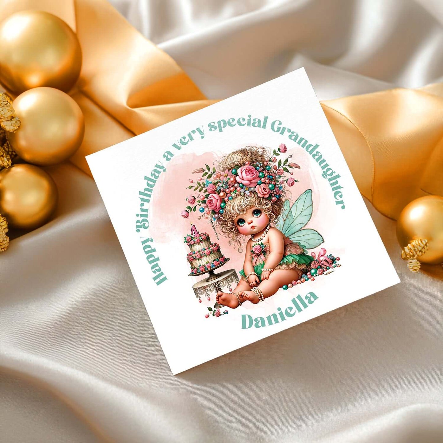Greeting card with fairy illustration and text on a satin surface with gold ornaments.
