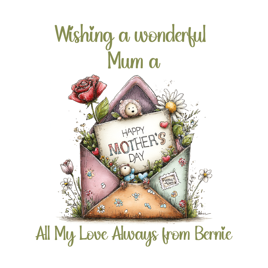 A Mother's day Card featuring an illustrated multi colour open envelope containing flowers and a mother's day message. Can be personalised with child/children's names and for any maternal relationship