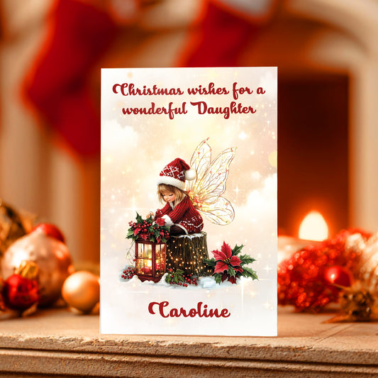 Christmas card with a fairy and decorative elements on a festive background