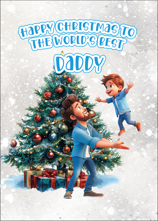 Illustration of a father and son in front of a Christmas tree with text 'Happy Christmas to the world's best daddy'.
