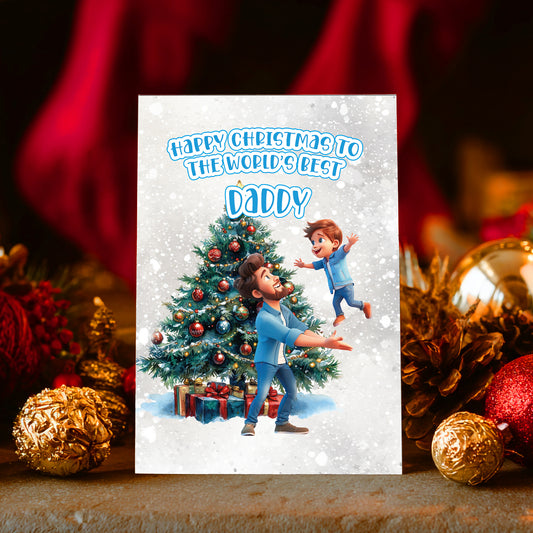 Christmas card with a man and child by a decorated tree, surrounded by festive decorations.