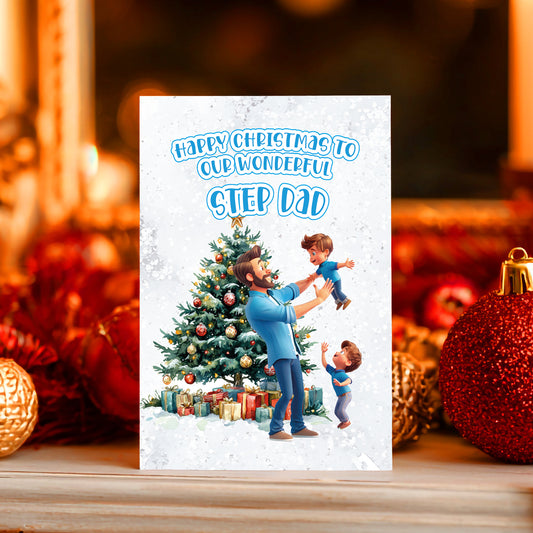 Christmas card for a step dad with a man and two children by a decorated tree, surrounded by festive decorations.