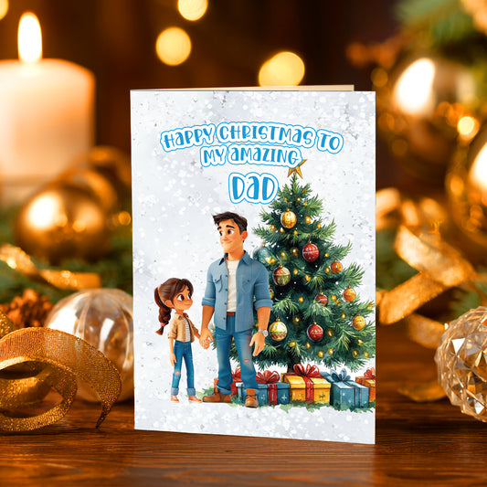 Christmas card with illustration of a father and daughter in front of a Christmas tree, surrounded by festive decorations.
